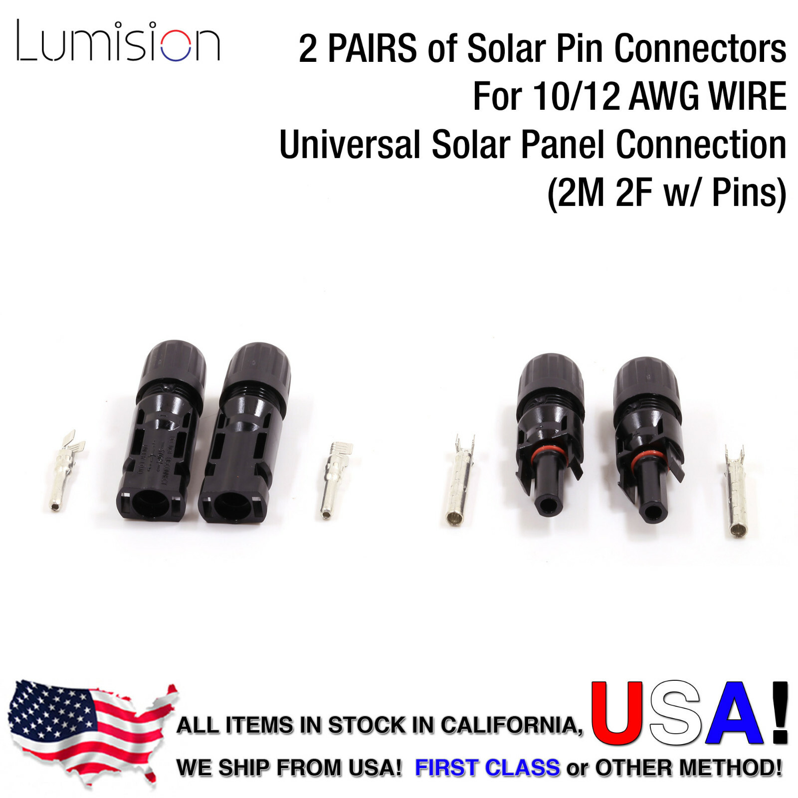 Lumision Waterproof PV 10/12 AWG Solar Connector 2 Pair (M/F w/ Pins) Ships USA