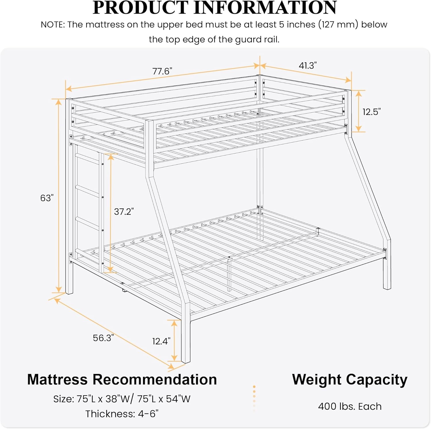 Twin Over Full Loft Bunk Bed Metal Black with Ladder