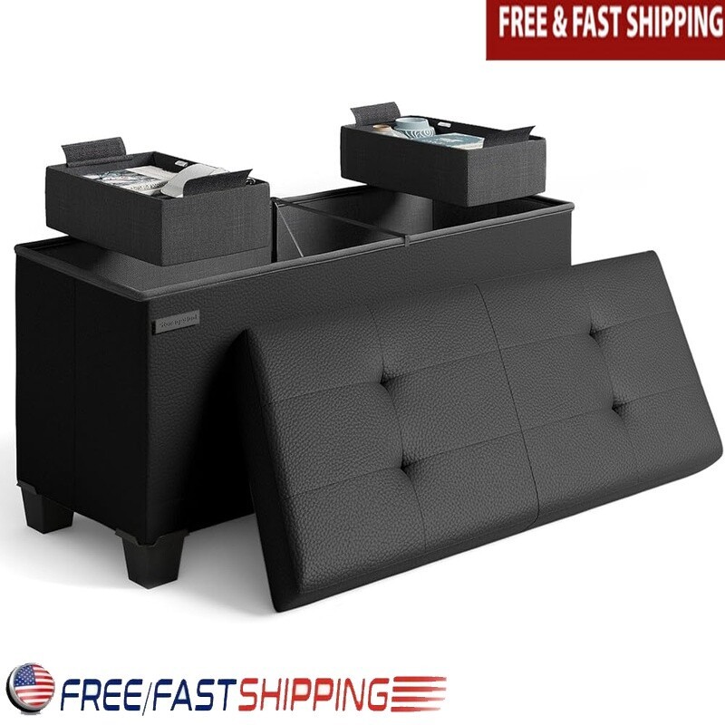 Faux Leather Storage Ottoman Bench Folding Foot Rest Living Room Max 660lbs New
