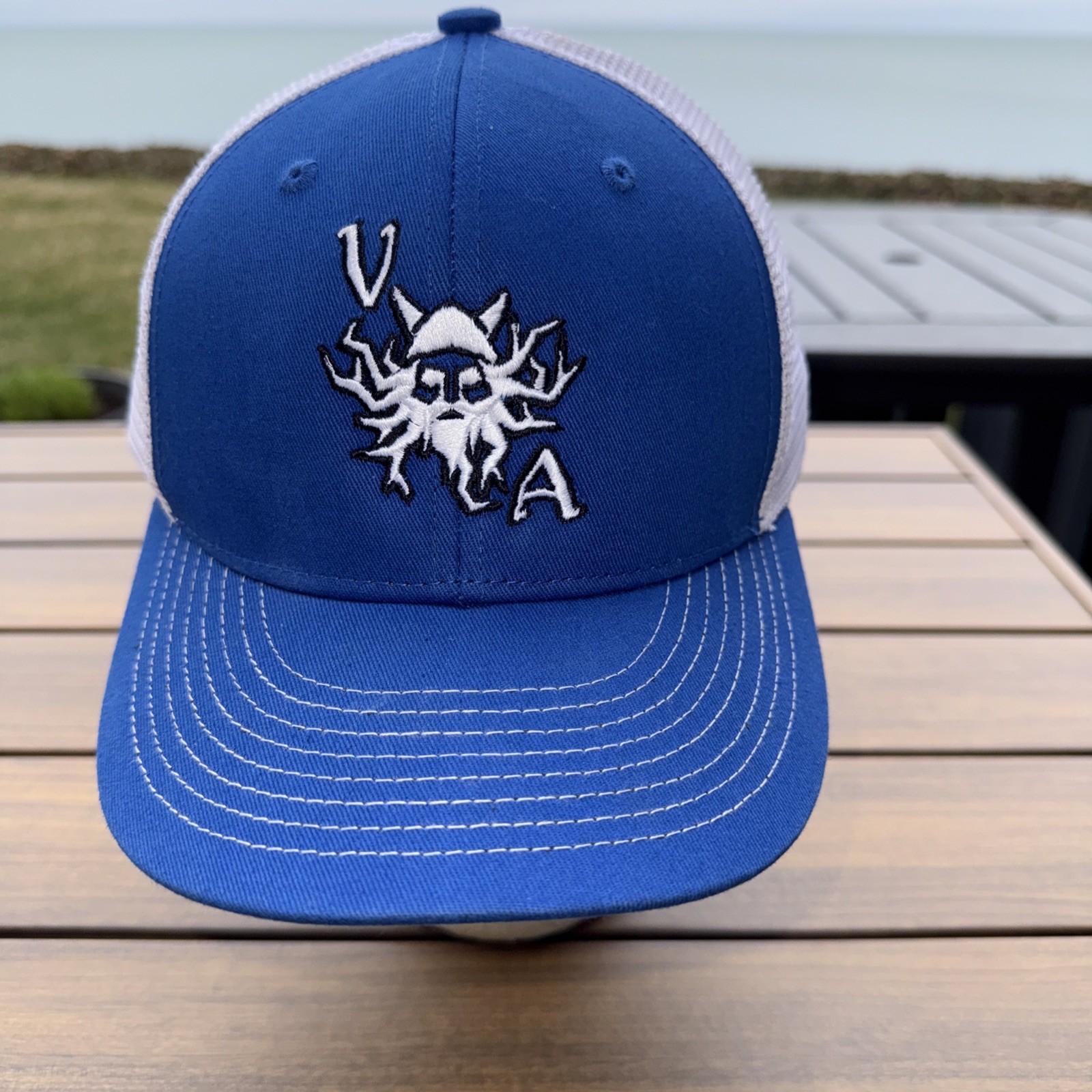V A w Viking Logo in White on Royal Blue Trucker Hat Cap Snapback Champro HC5