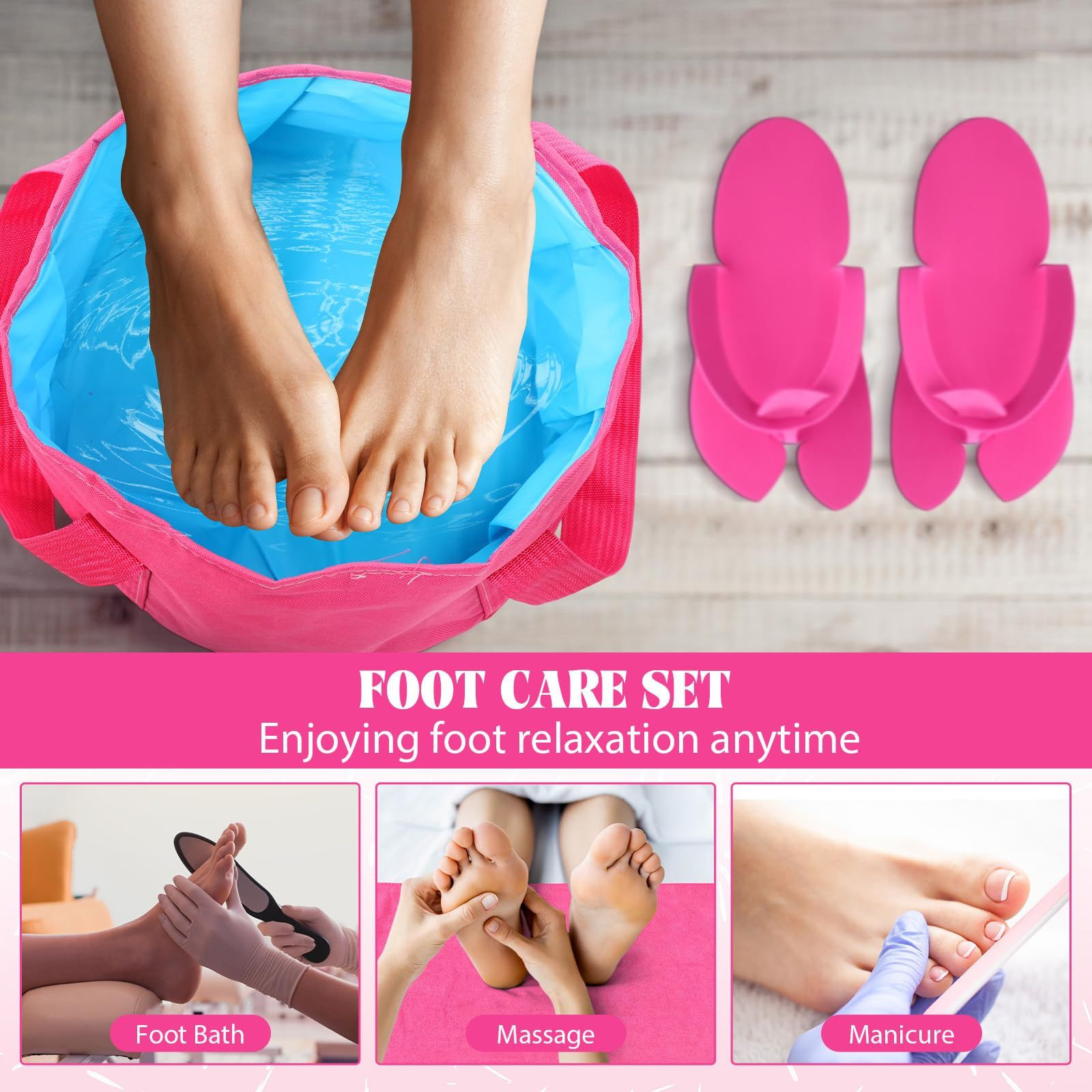 FillTouch 6 Sets Foldable Foot Bath Kit 15L Collapsible Soaking Rose Red