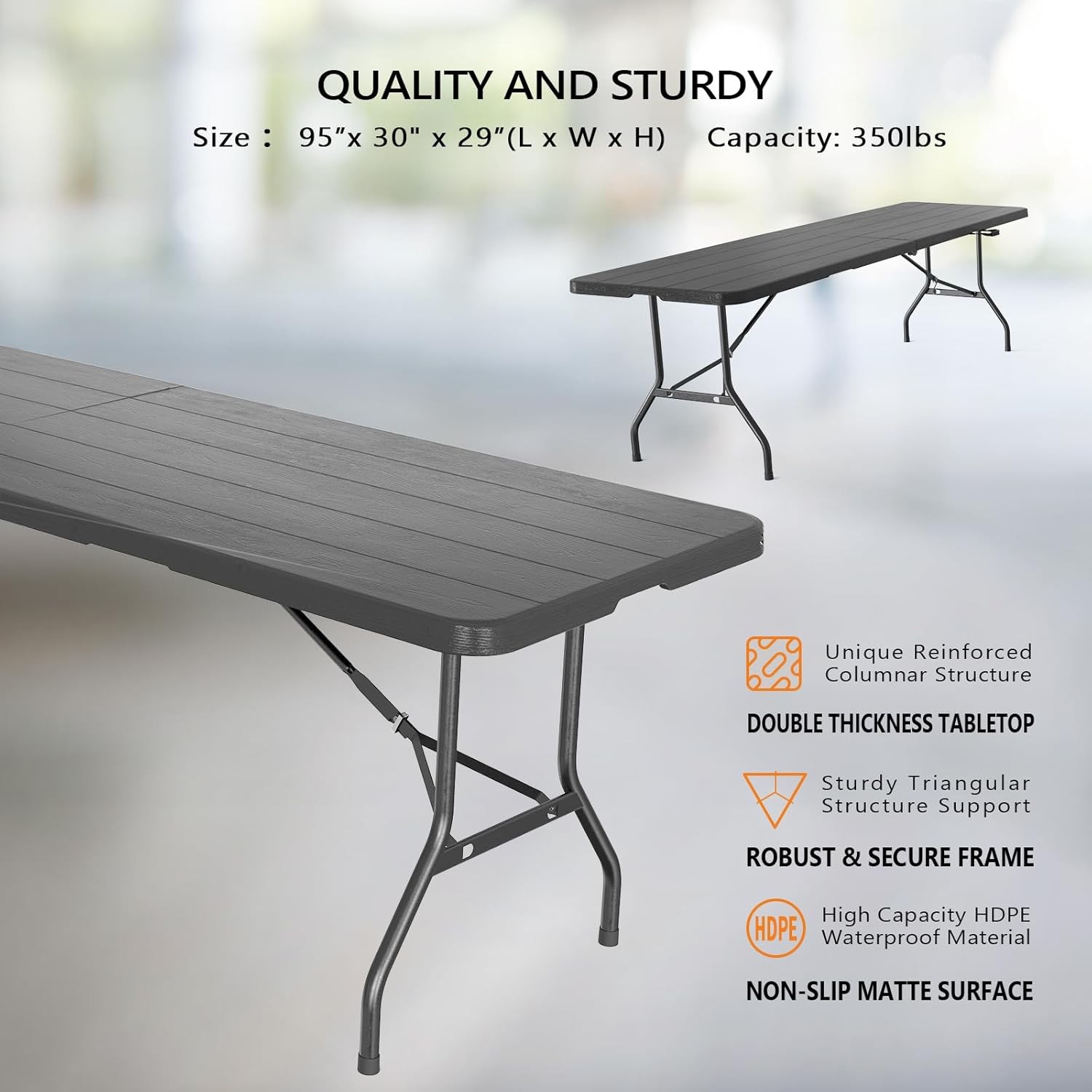 8ft Plastic Folding Table Portable Long Table Rectangular with Handles, Black