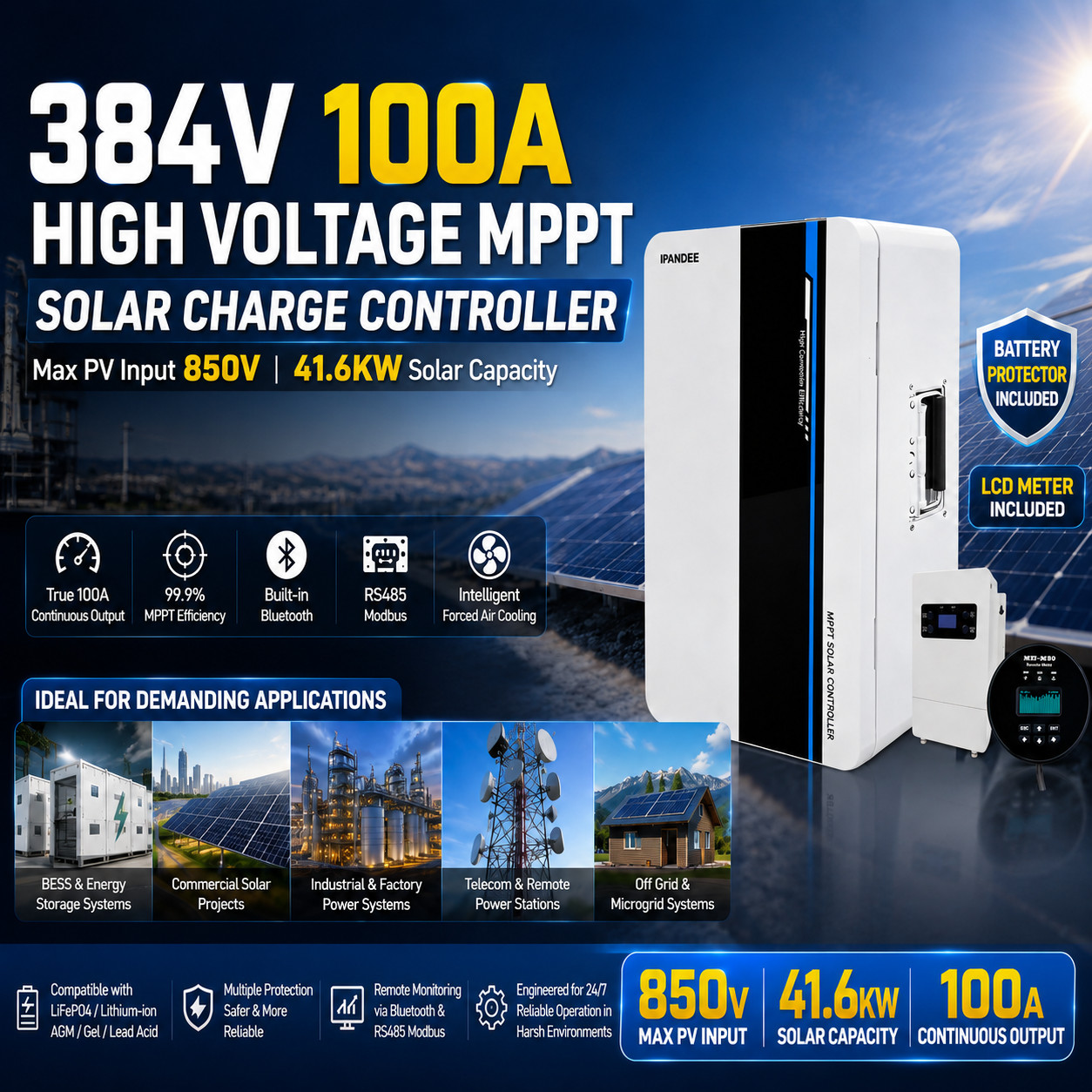384V 100A MPPT Solar Charge Controller 850V PV Input Bluetooth for LiFePO4 AGM