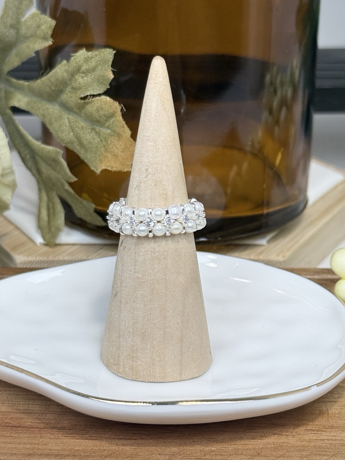 Freshwater Pearl White/Silver Spacer Bead Ring 7.3MM