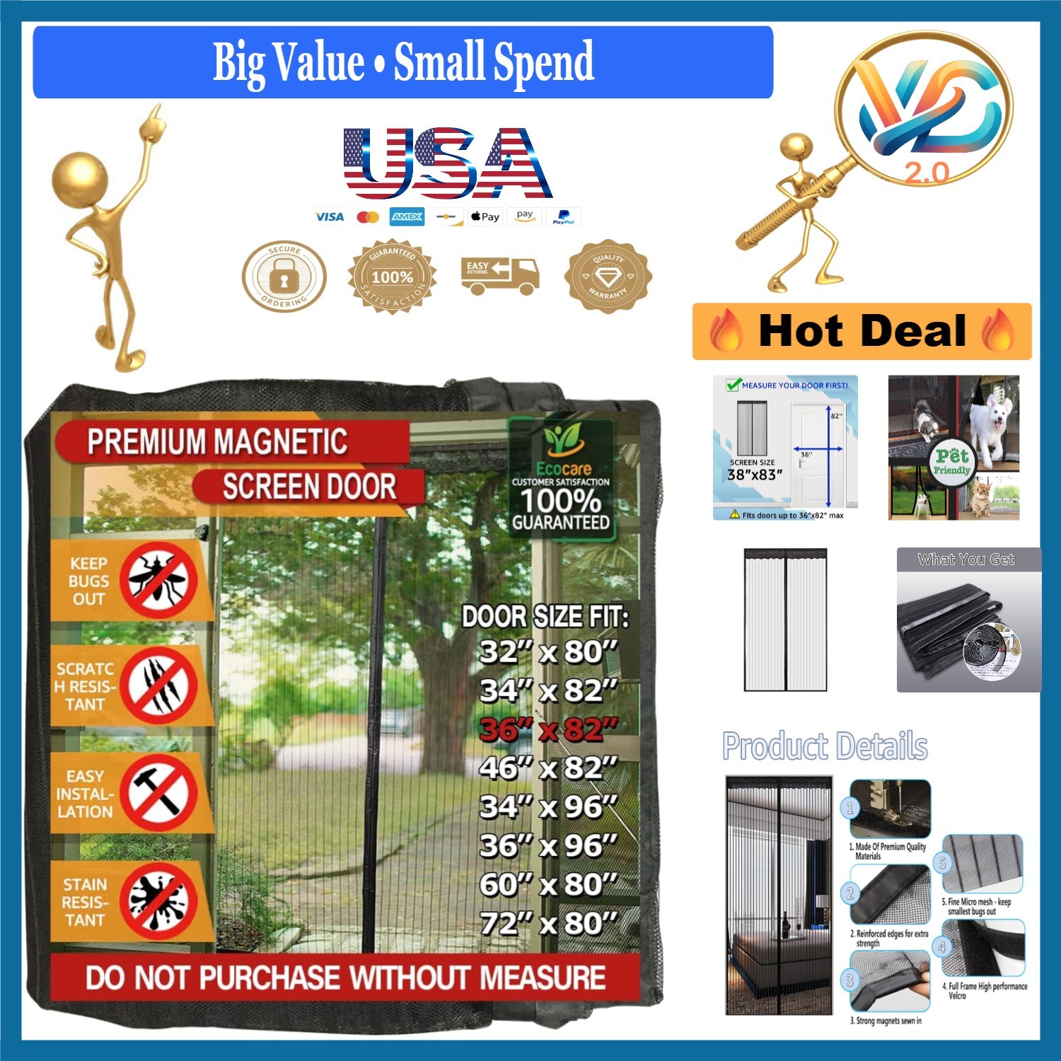 Heavy Duty Magnetic Screen Door 38x83 Black Fits Door Up To 36x82