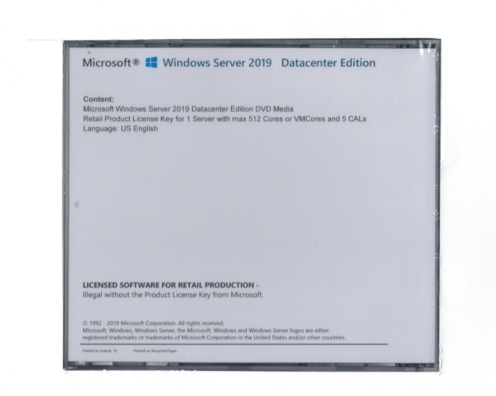 Windows Server 2019 Datacenter Edition with 5 CALs. Retail License, English.