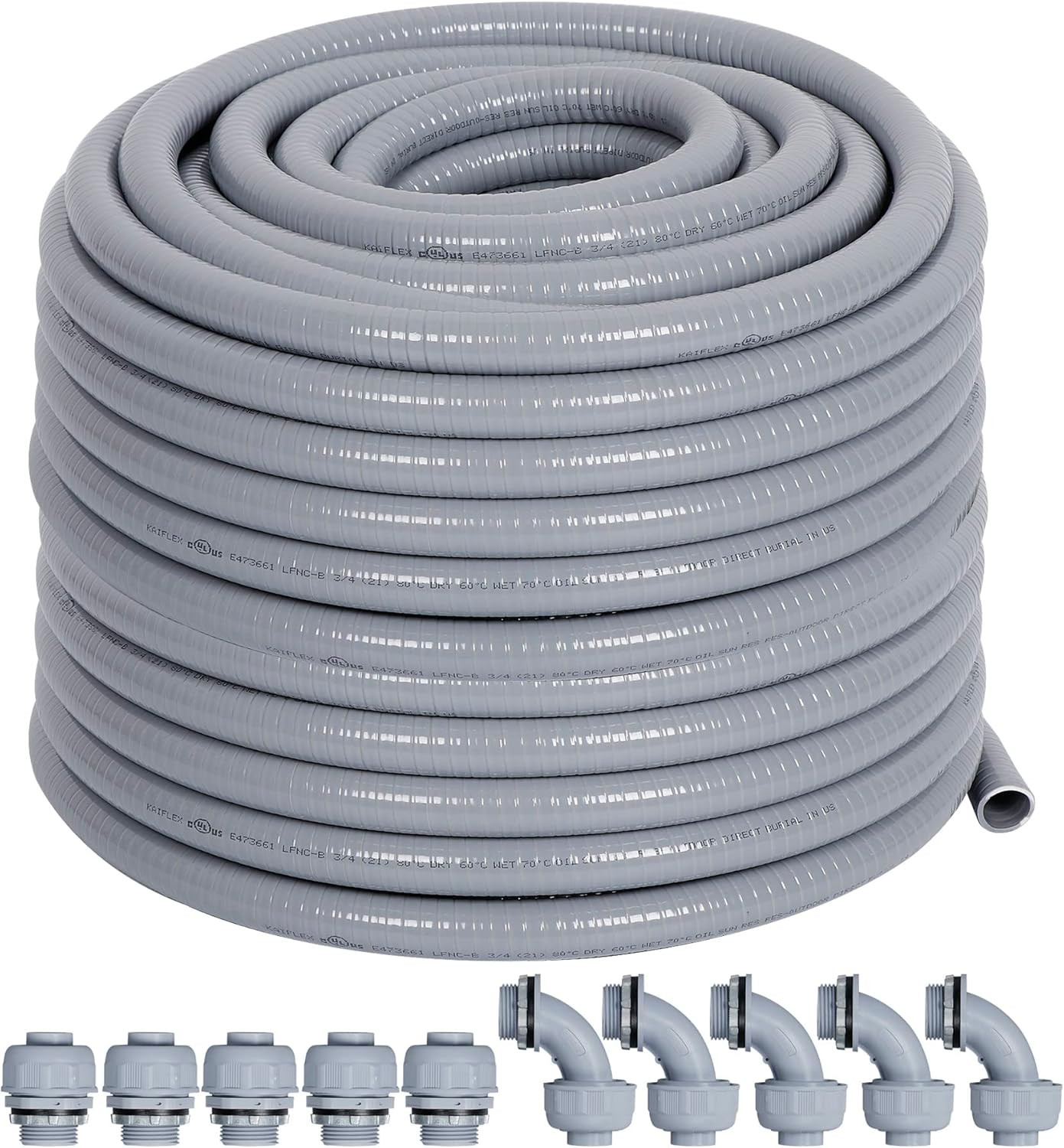 1/2" Liquid-Tight PVC Conduit Kit, 100Ft with 10 Connectors, Grey, 5 Straight &