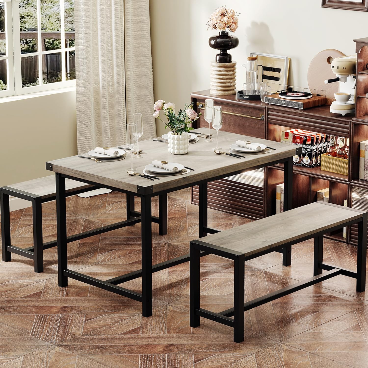 Sturdy Durable Dining Table Set for 4 with Bench, Easy to Assemble Kitchen Table