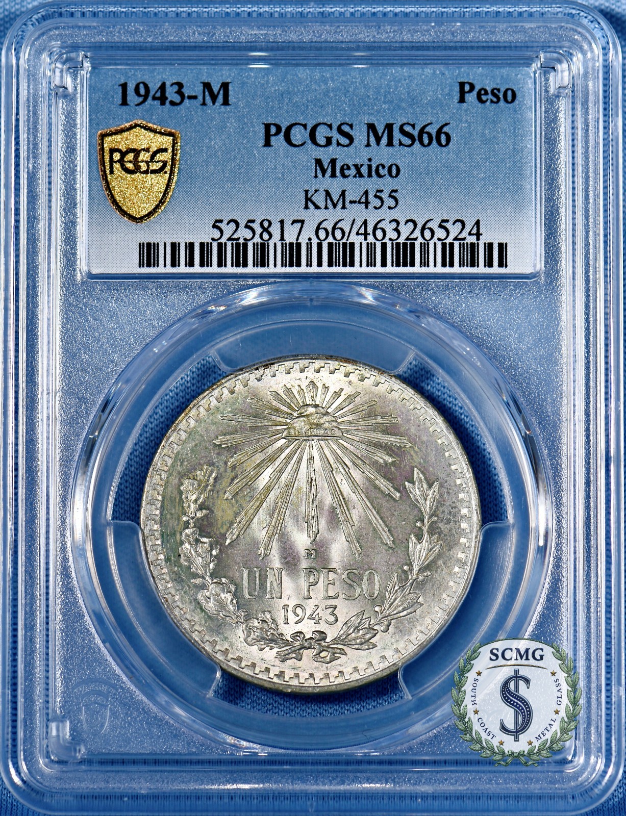 1943-M Mexico Silver Un Peso PCGS MS66 - Lustrous Pastels and Vintage Patina!