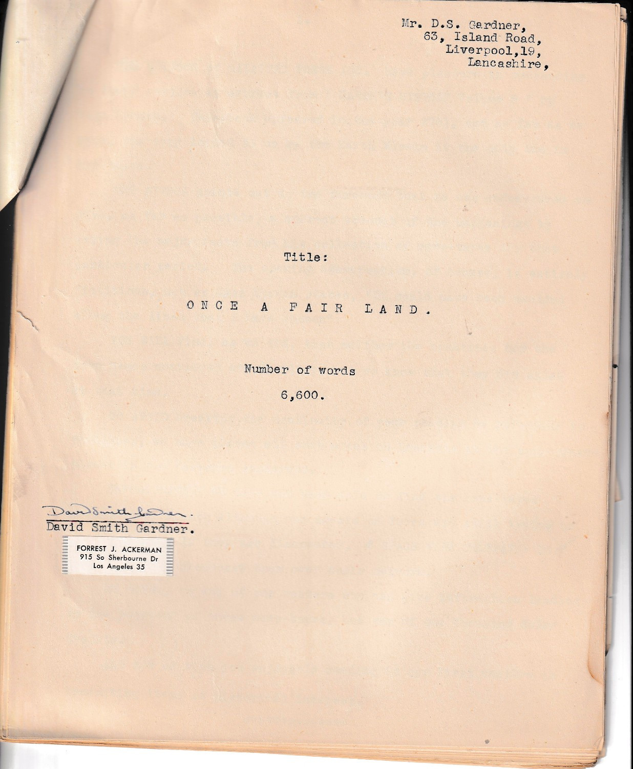1950s typescript ONCE A FAIR LAND David Smith Gardner FORREST J ACKERMAN AGENCY