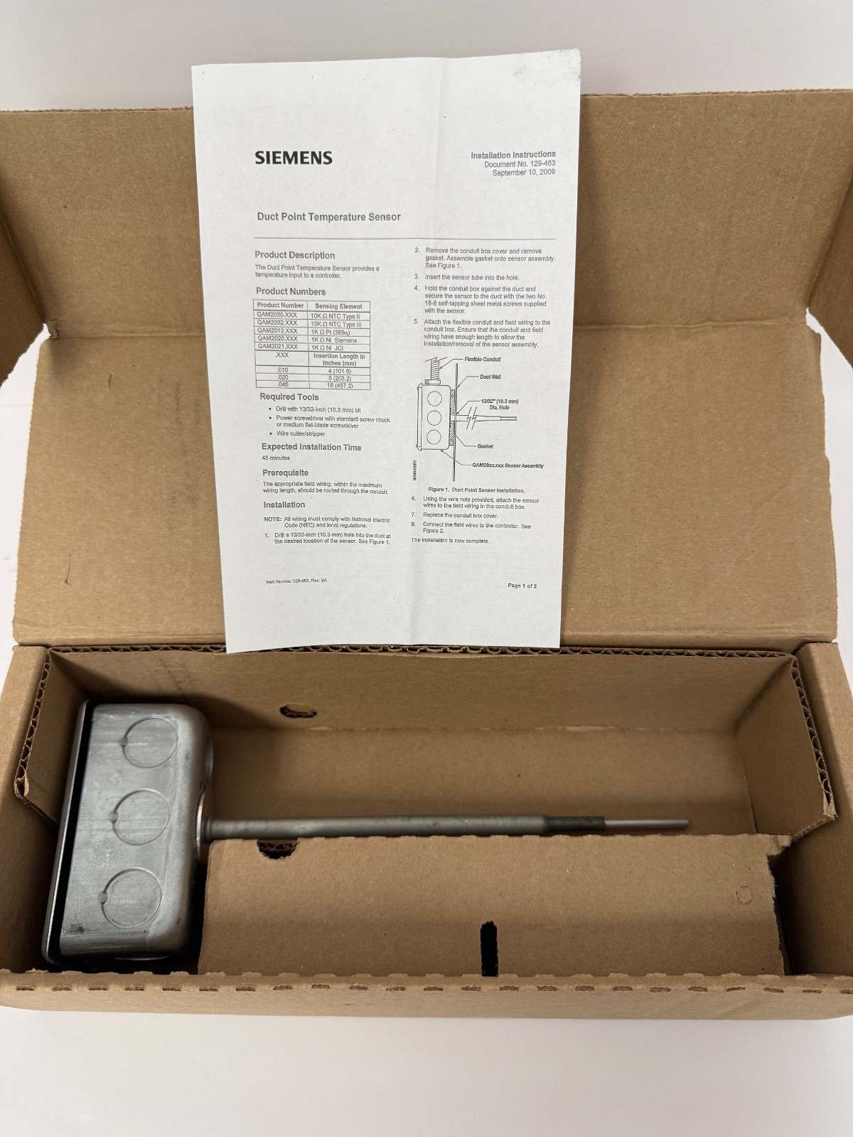 SIEMENS QAM2030.020 DUCT TEMP SENSOR 8"  PROBE  NTC 10K OHM TYPE 2 NEW OPEN BOX