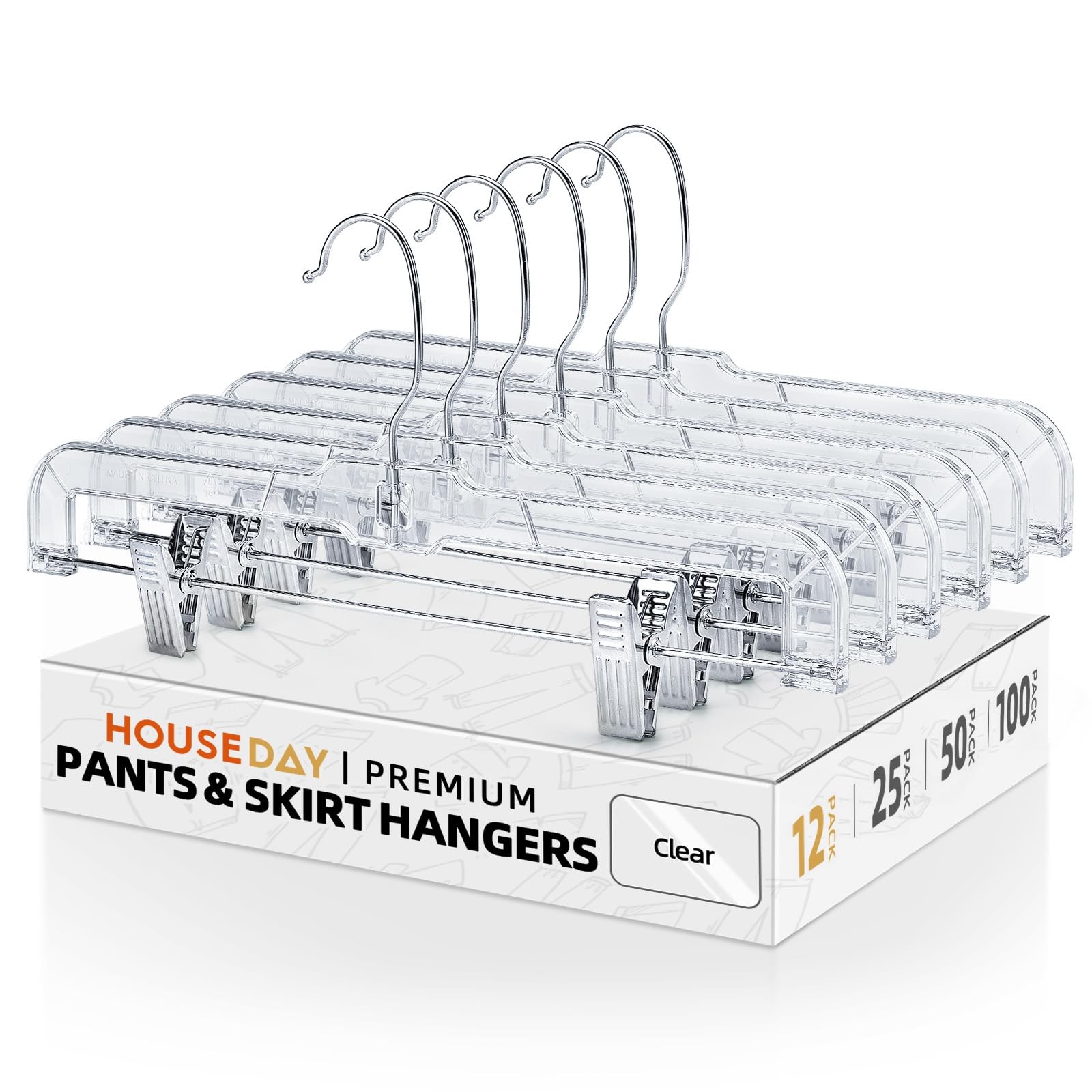 12 Pack 14 inch Clear Plastic Skirt Hangers with Adjustable Clips, Pants Hang...