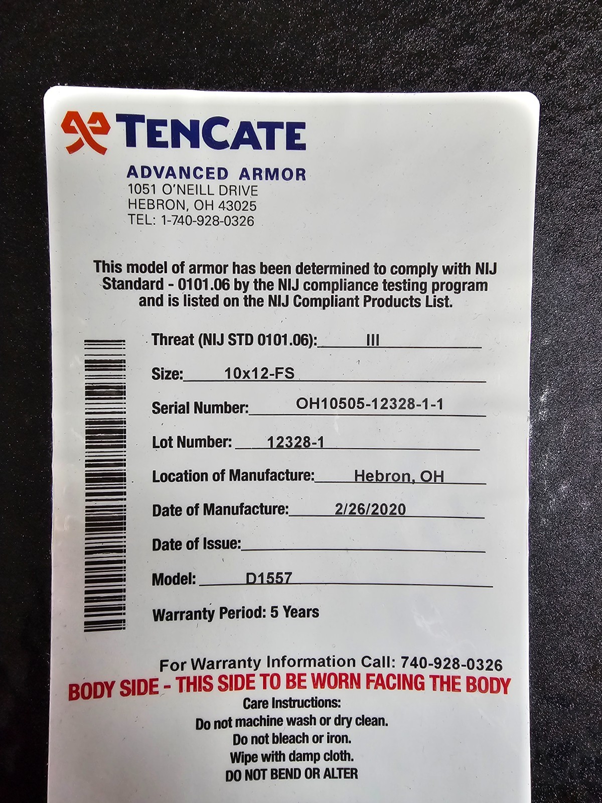 TENCATE D1557 10x12 Plate Square Level III