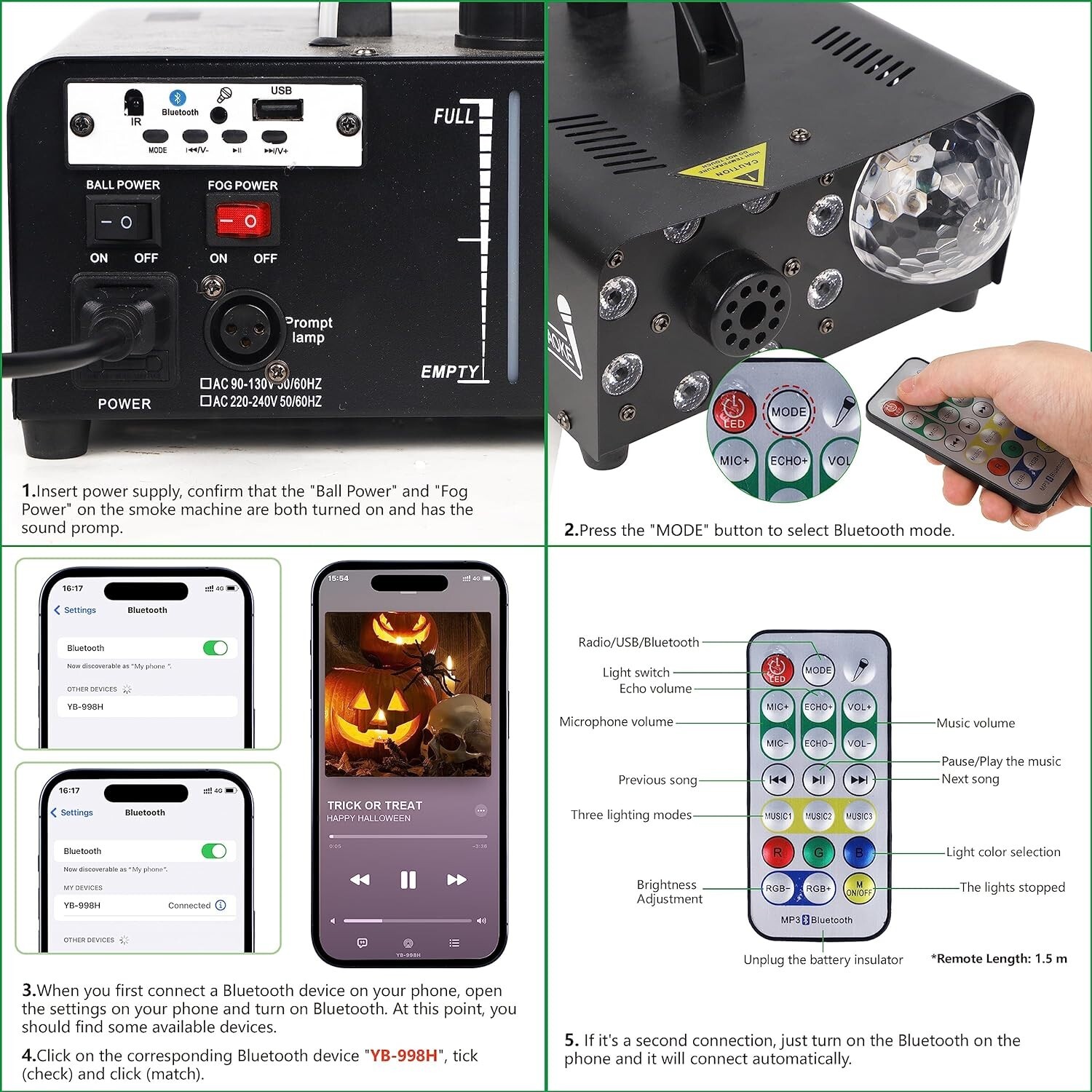 Fog Machine with 8 LED Lights and Disco Ball, Wireless Remote Control Bluetooth