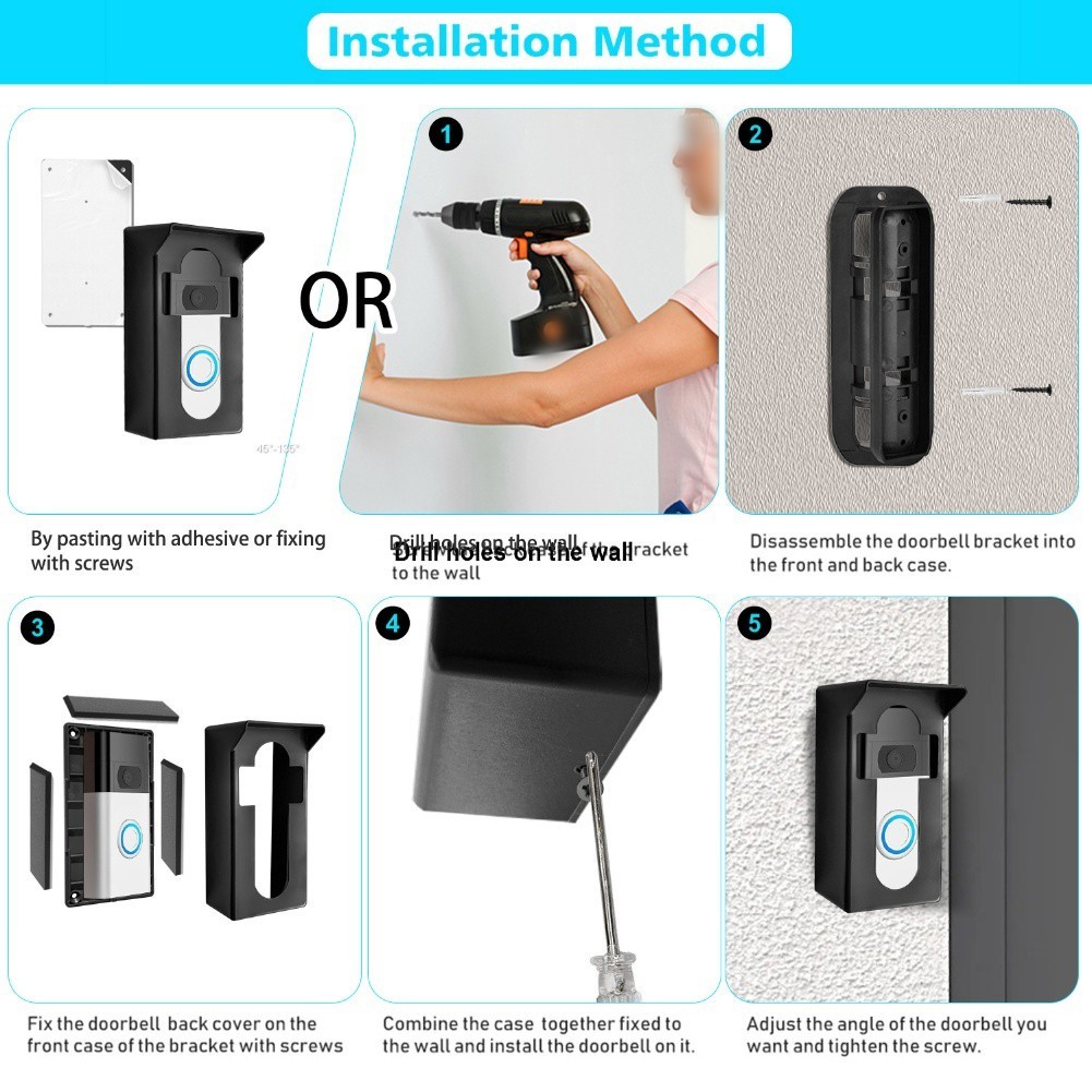 Compatible Adjustable Video Doorbell Bracket Fits Most Models Black Plastic