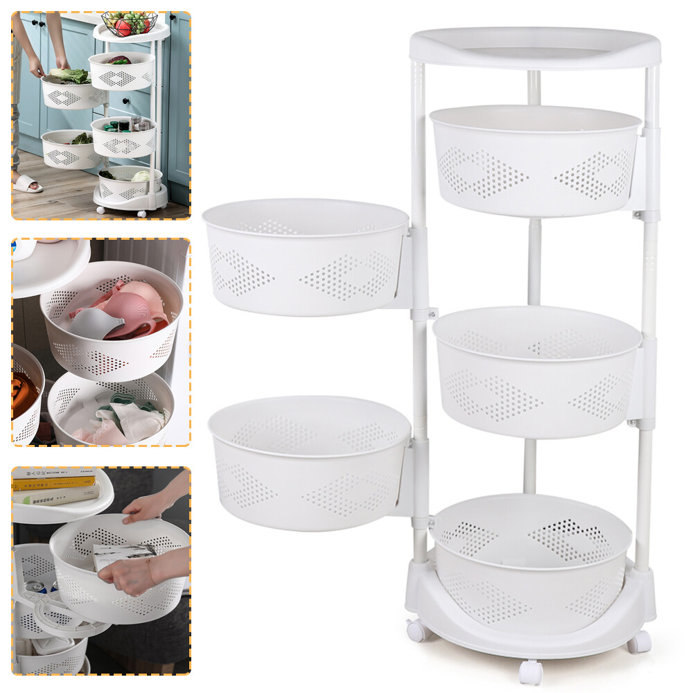 5 Layer Kitchen Rotating Organizer Rack Fruit Vegetable Storage Basket w/ Wheels