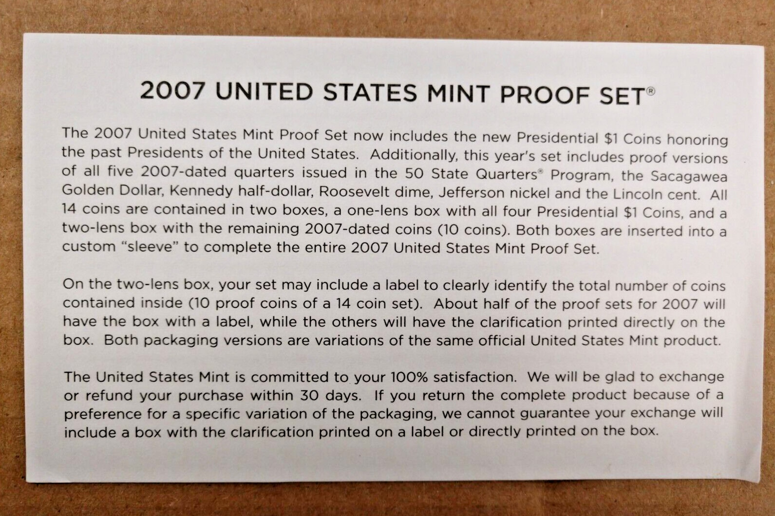 2007 S U.S. Mint 14 Coin Proof Set w/ Original Packaging and Certs