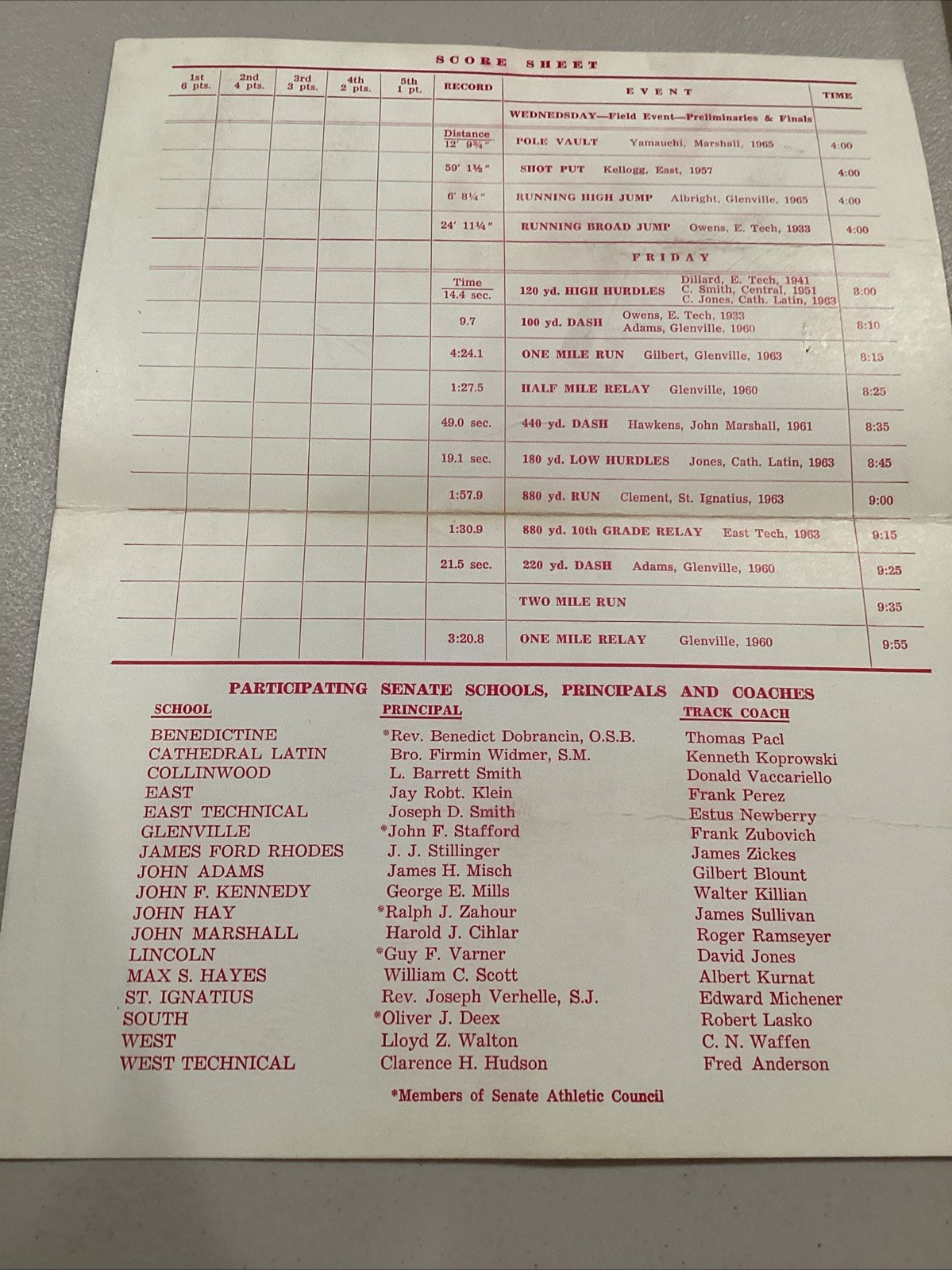 1966 66th Annie, Senate Track & Field Meet West Tech Field Program Scorecard