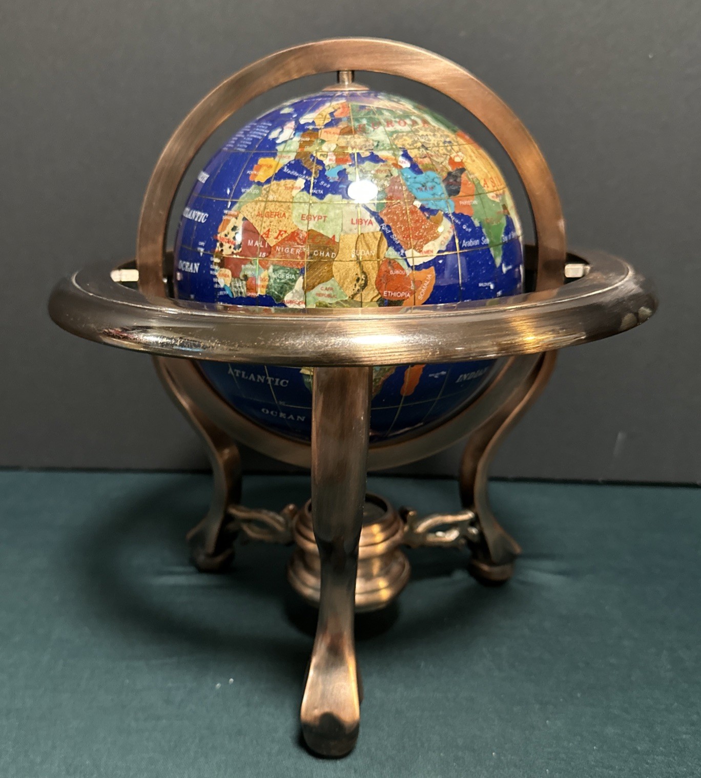 10"Table Top Blue Lapis Ocean Gemstone World Globe Copper Color Stand & Compass