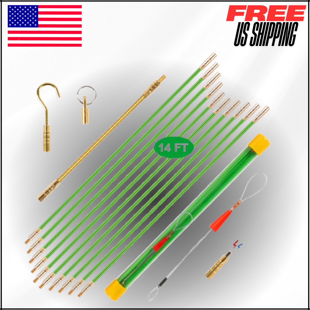 14' Wire Fishing Tool Fish Tape Cable Rods, Green Wire Puller with 5 Attachments