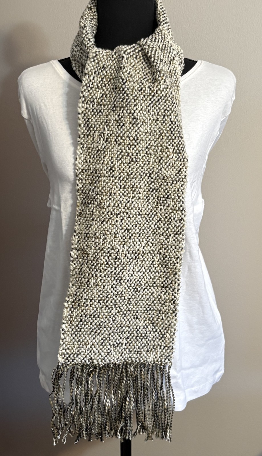 Handwoven Scarf in Grey, Black, White and Gold