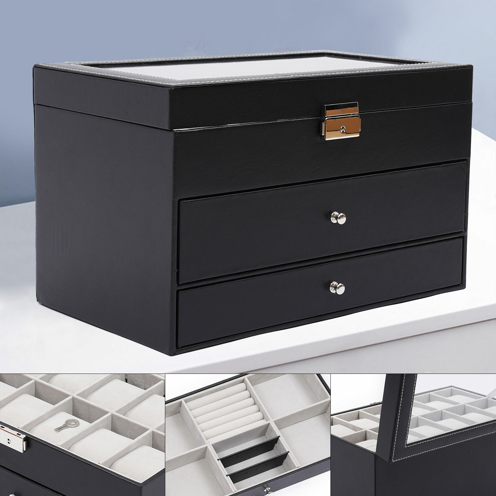 Watch Display Box & Jewelry Storage Case Multi-Purpose Organizer Box W/Glass Top