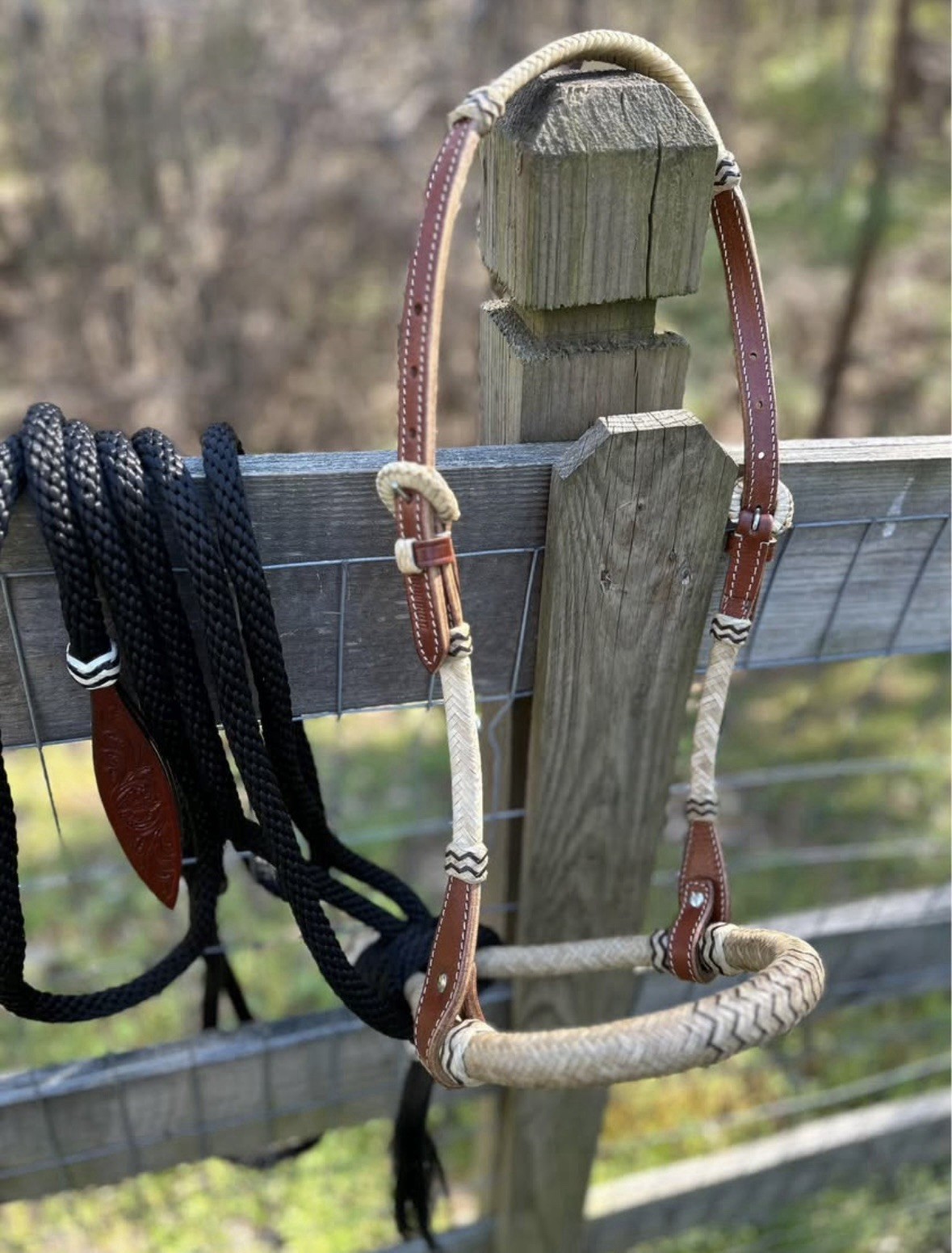 Bitless Hackamore Rawhide Bosal and Mecate Rein Complete Set New Horse Tack