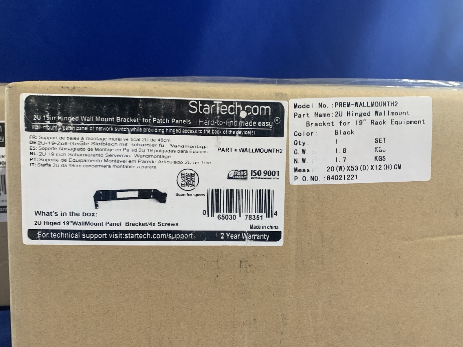 StarTech PREM-WALLMOUNTH2 2U Hinged Wallmount Bracket for 19" Rack - Lot 2 New