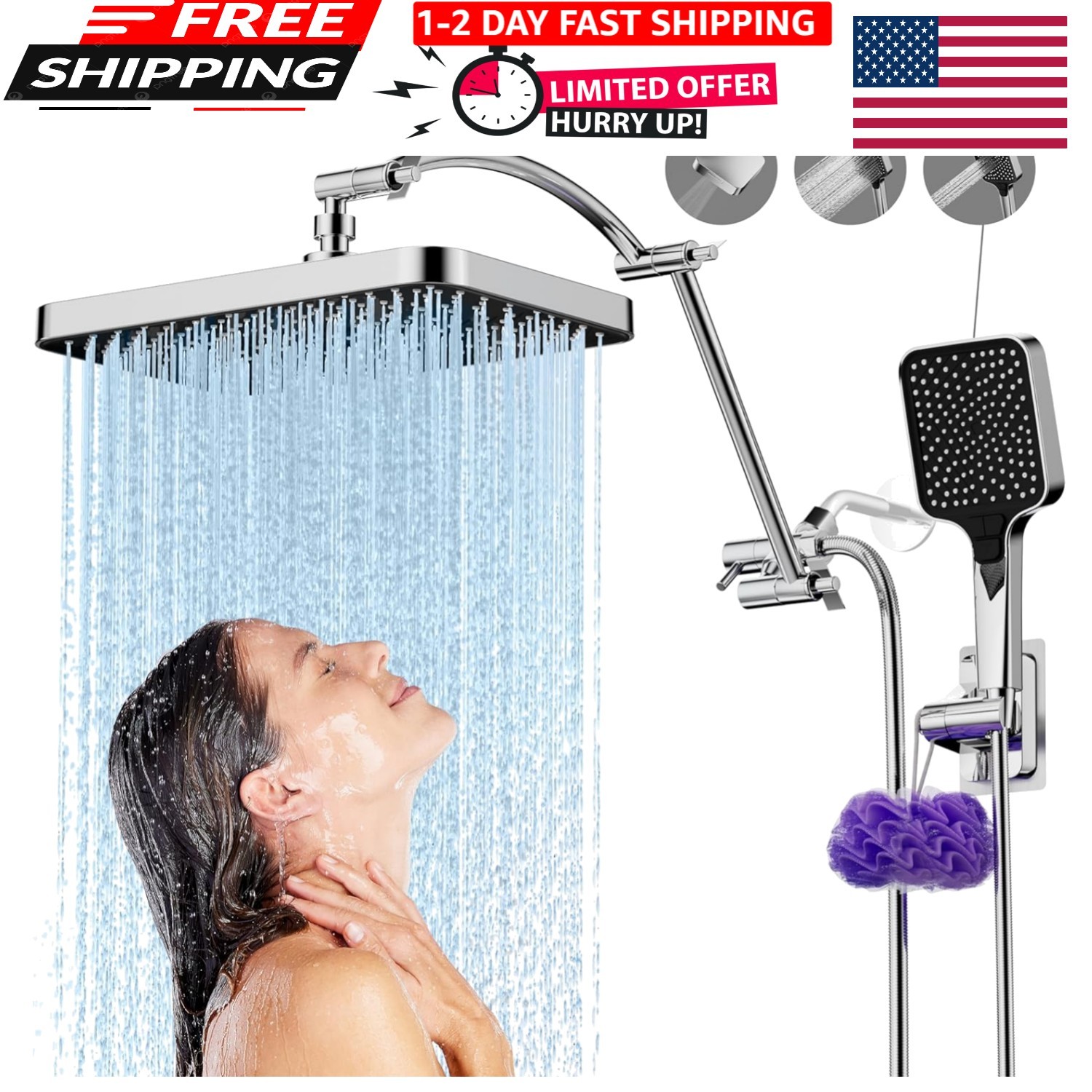13 Inch Rain Shower Head High Pressure with Handheld Extension Arm Combo Chrome