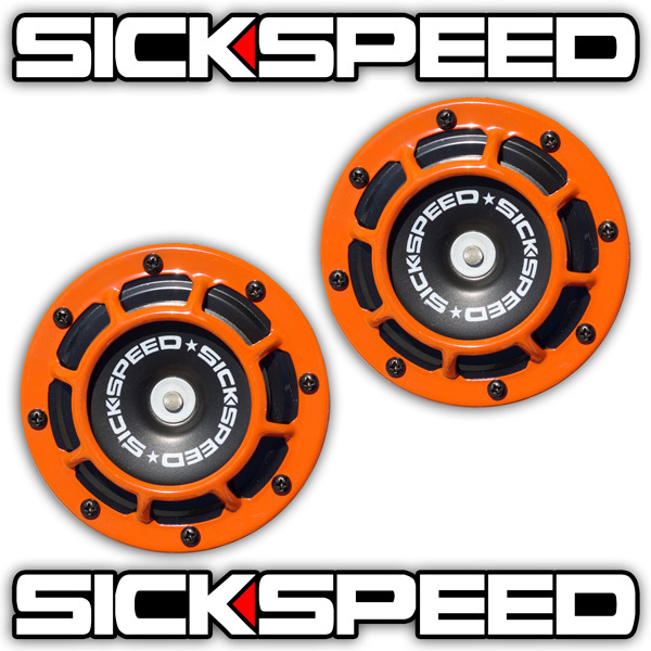 SICKSPEED 2 PC ORANGE SUPER LOUD GRILLE MOUNT ELECTRIC BLAST TONE HORN SLINGSHOT