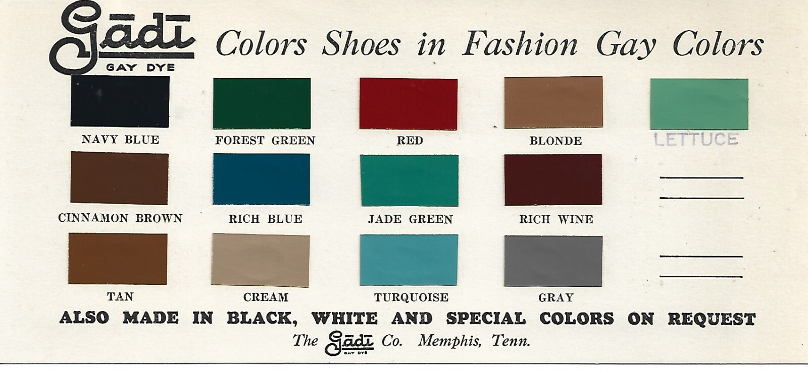 11 LOT~1929 GADI CO. LETTERHEAD/COLOR CHART/ADS~MEMPHIS, TN~SHOE DYES REPAIR/MFG