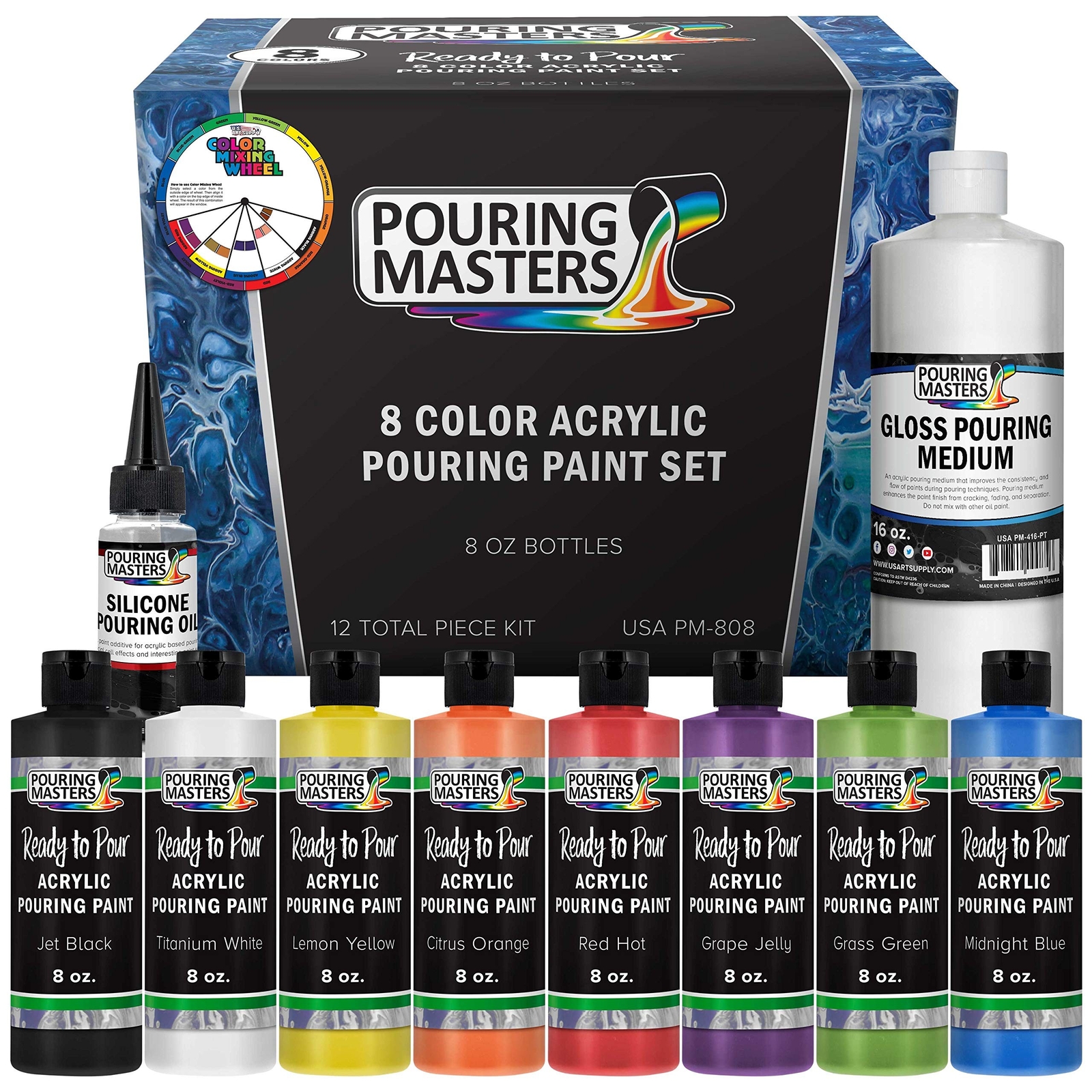 Pouring Masters 8 Color Ready-to-Pour Acrylic Pouring Paint Set, with Silicon...