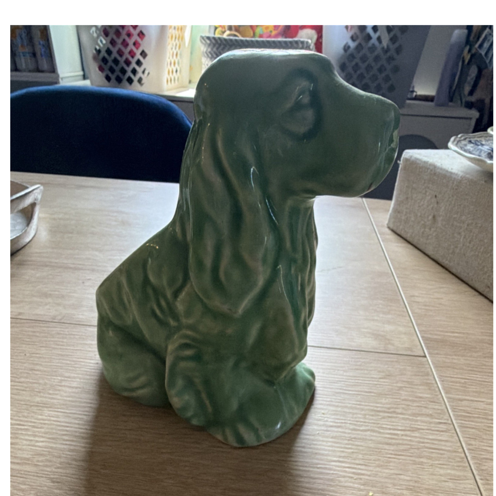 Green Glazed Ceramic Dog Planter Animal Theme Indoor Collectible