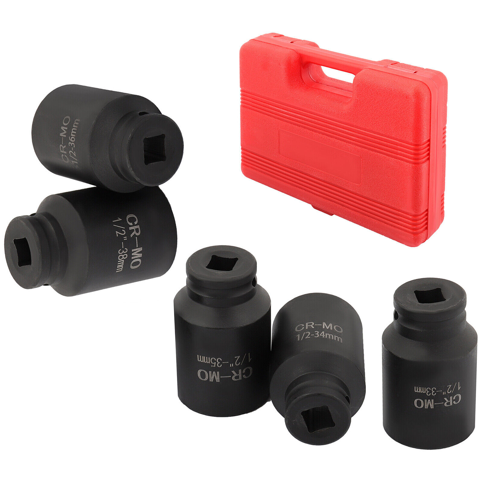 5Pcs Deep Impact Socket Set 1/2"Drive Metric Axle Hub Nut Socket 33-38mm 6-Point