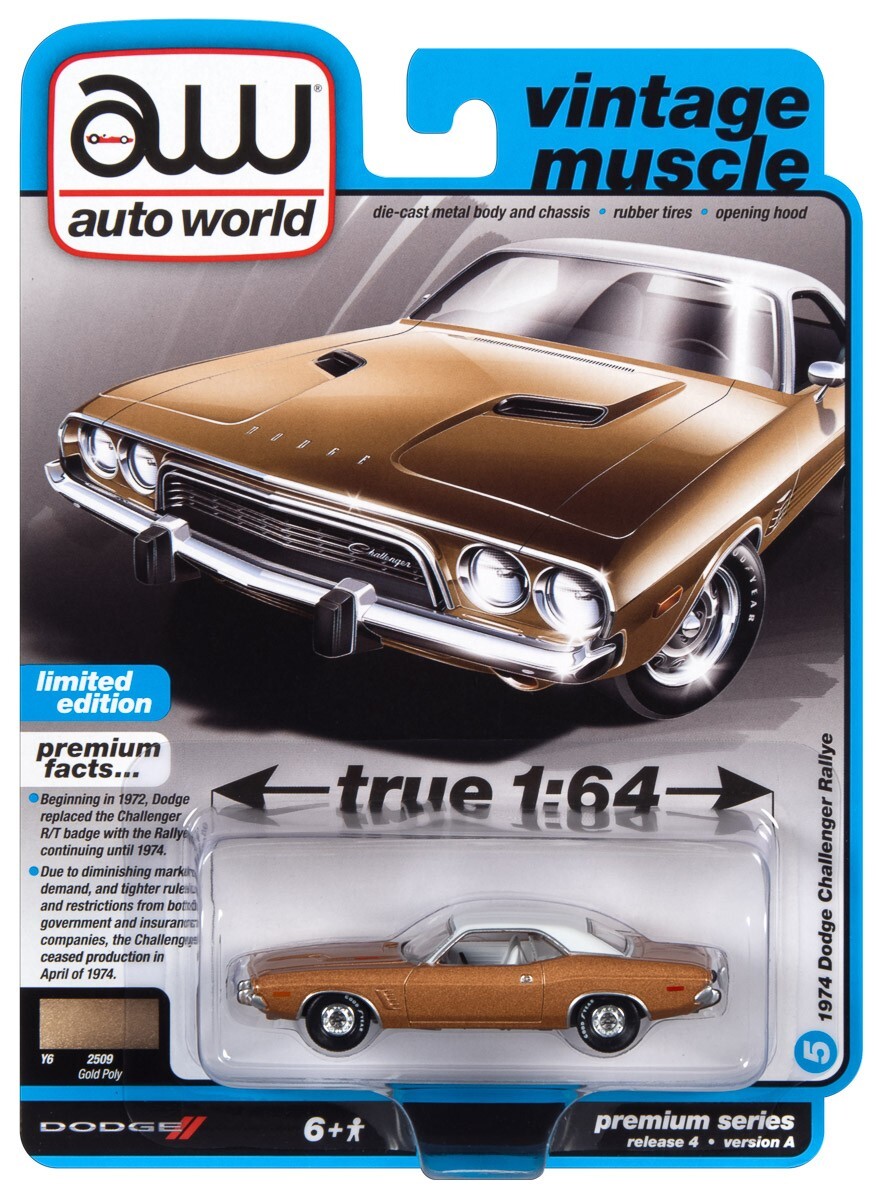 2022 AUTO WORLD 1:64 *PREMIUM 4A* GOLD 1974 Dodge Challenger Rallye NIP