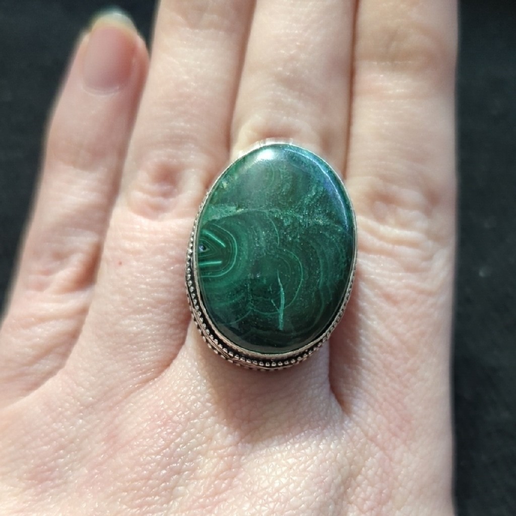 Silver Plated Green Malachite Gemstone Oval Chunky Oversized Statement Ring 7-9