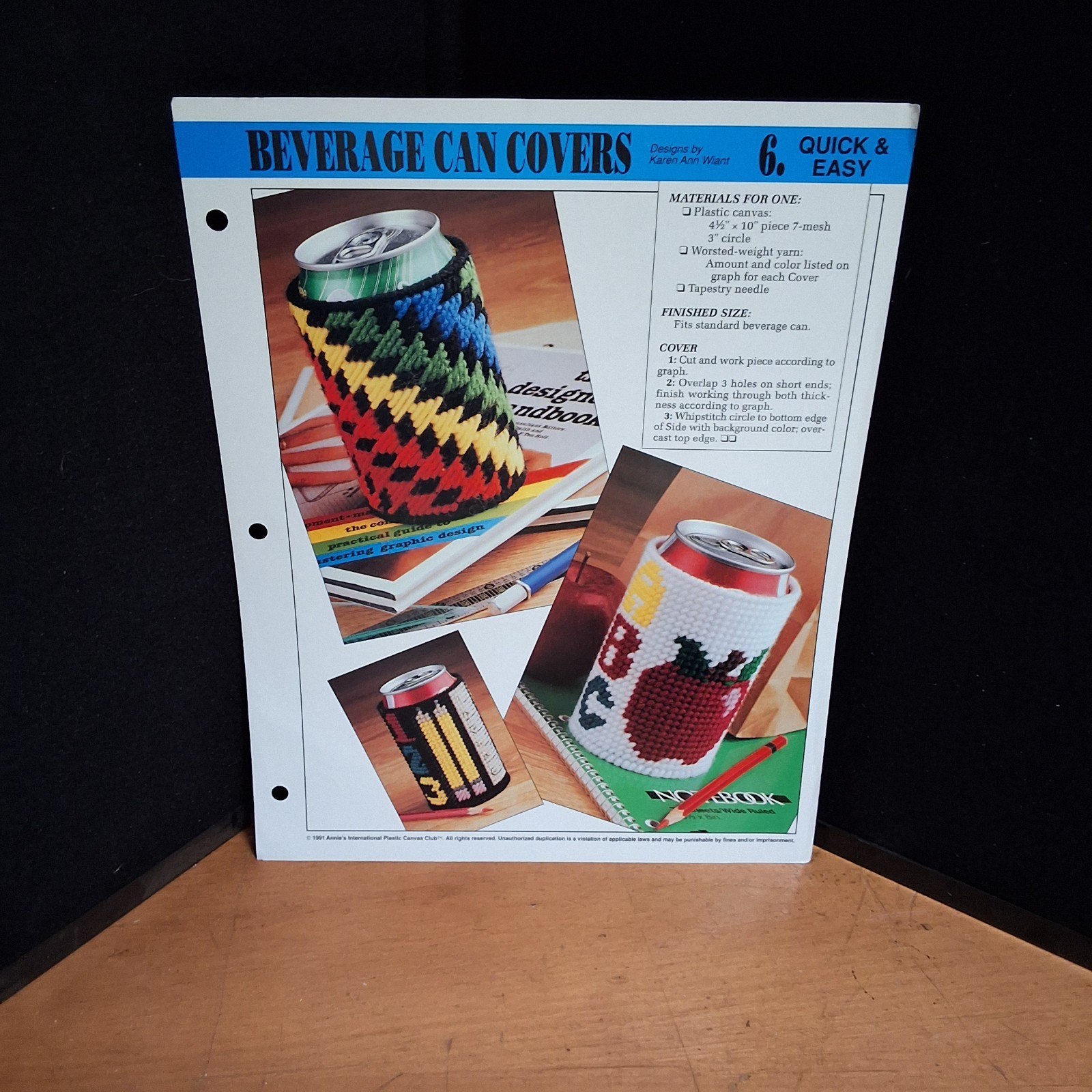 Beverage Can Covers Plastic Canvas Karen Ann Wiant #6 Pattern 1991 single page