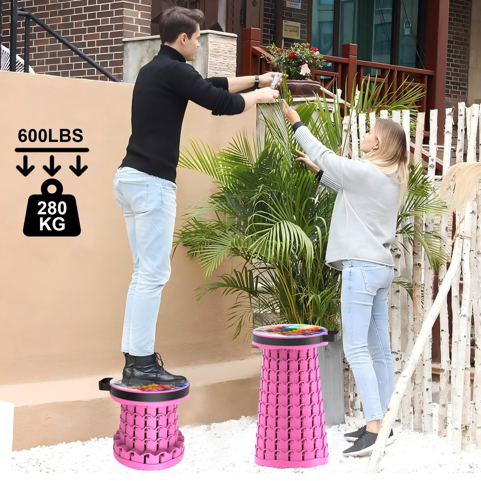 Upgraded Telescoping Collapsible Stool with Cushion, Folding Stool with Print...