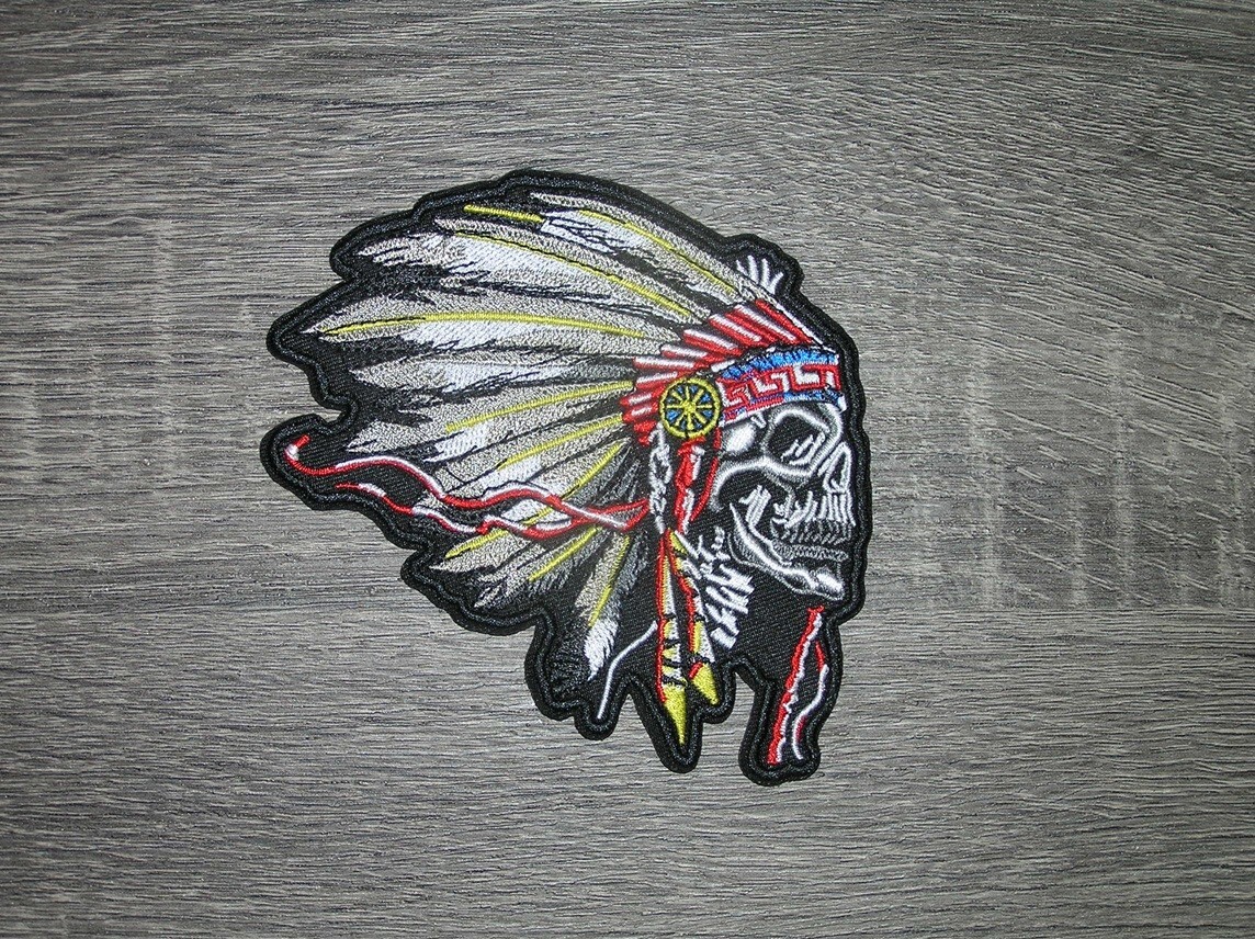 Indian Skull Chief Head Dress Motorcycle Embroidered Iron On Patch 4.75" x 4.25"