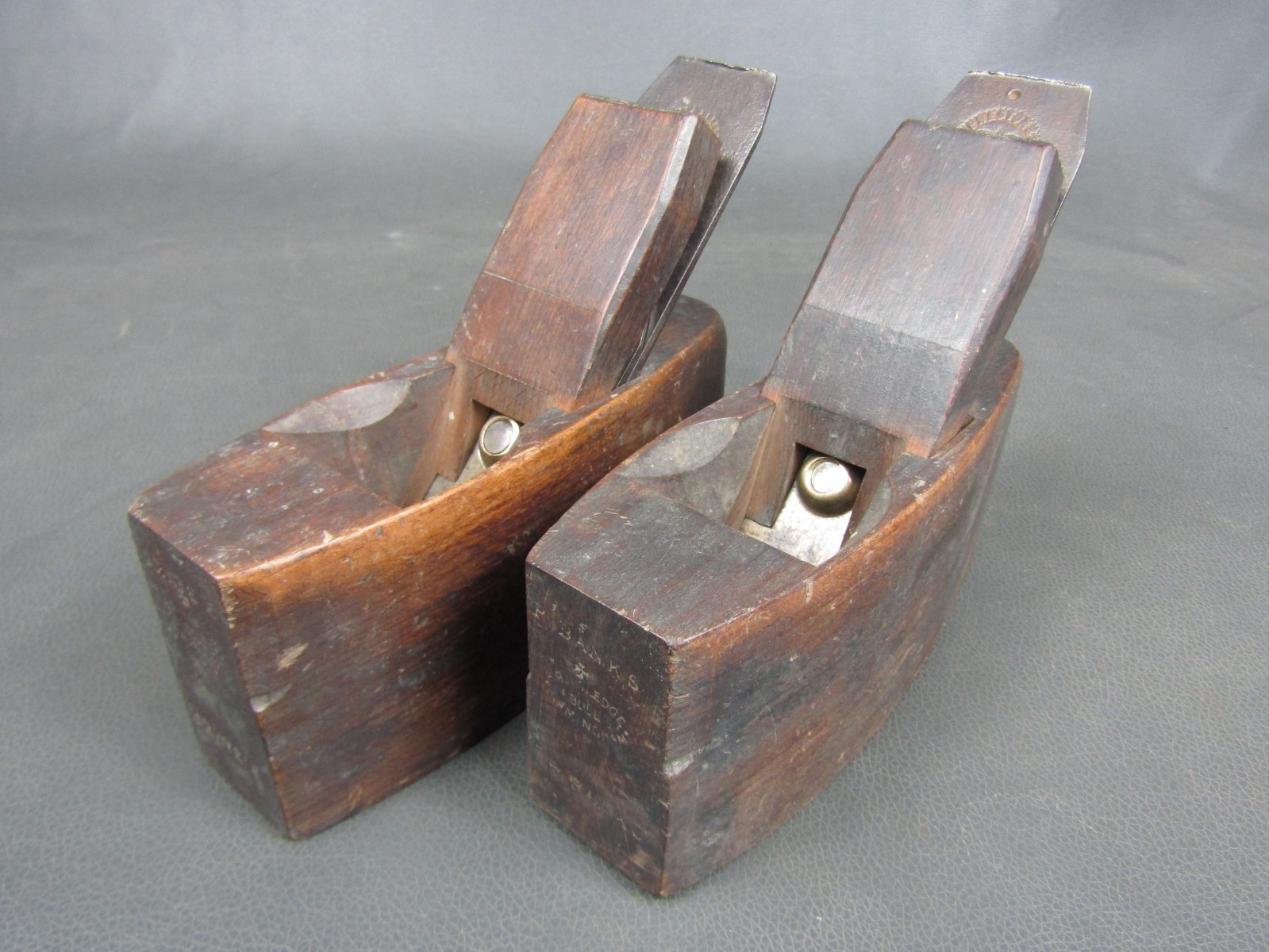Pair wooden compass smoothing planes vintage old tools by R Routledge