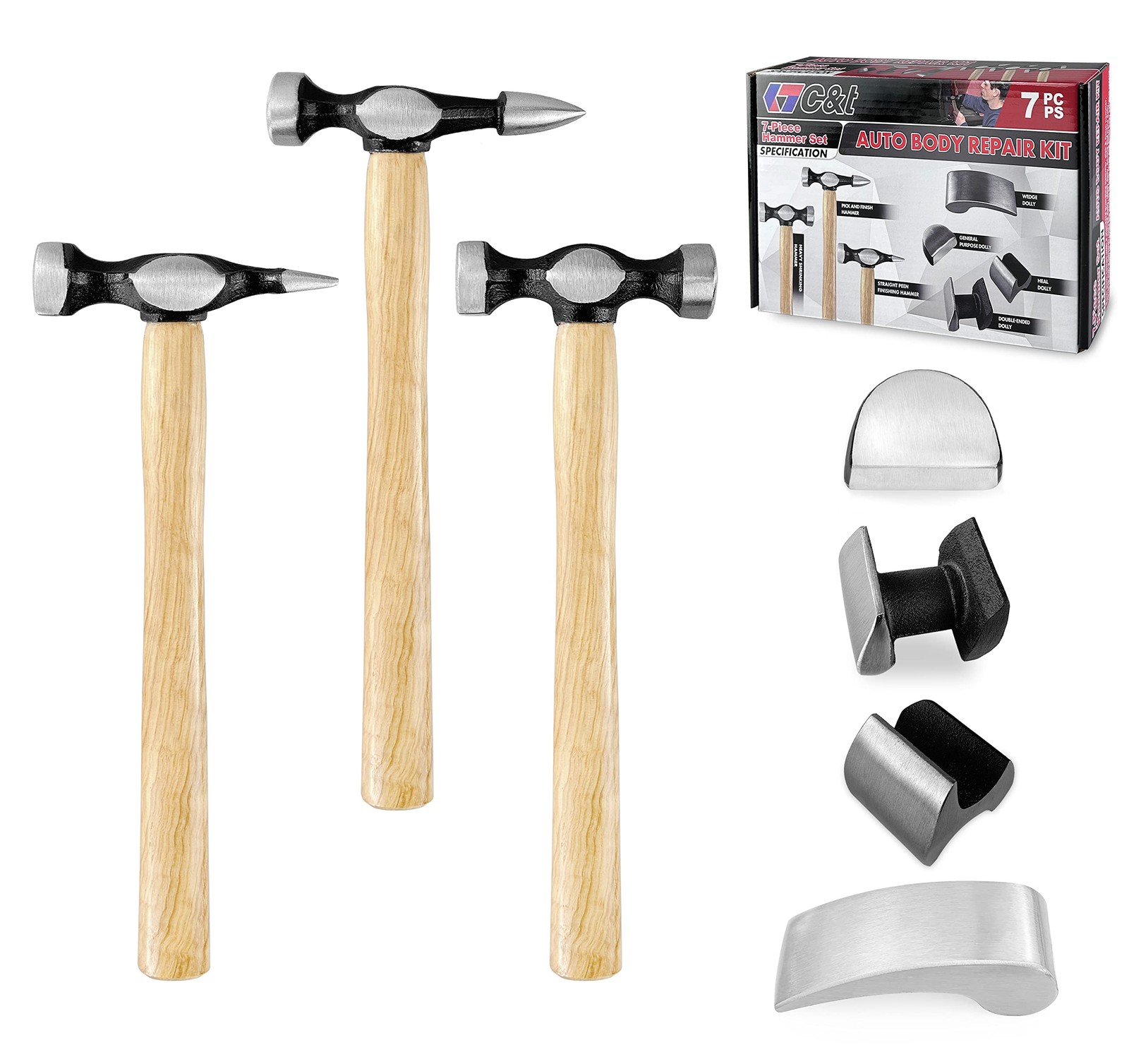 7-Piece Car Body Repair Tool Kit, Carbon Steel Dolly  Hammer Set