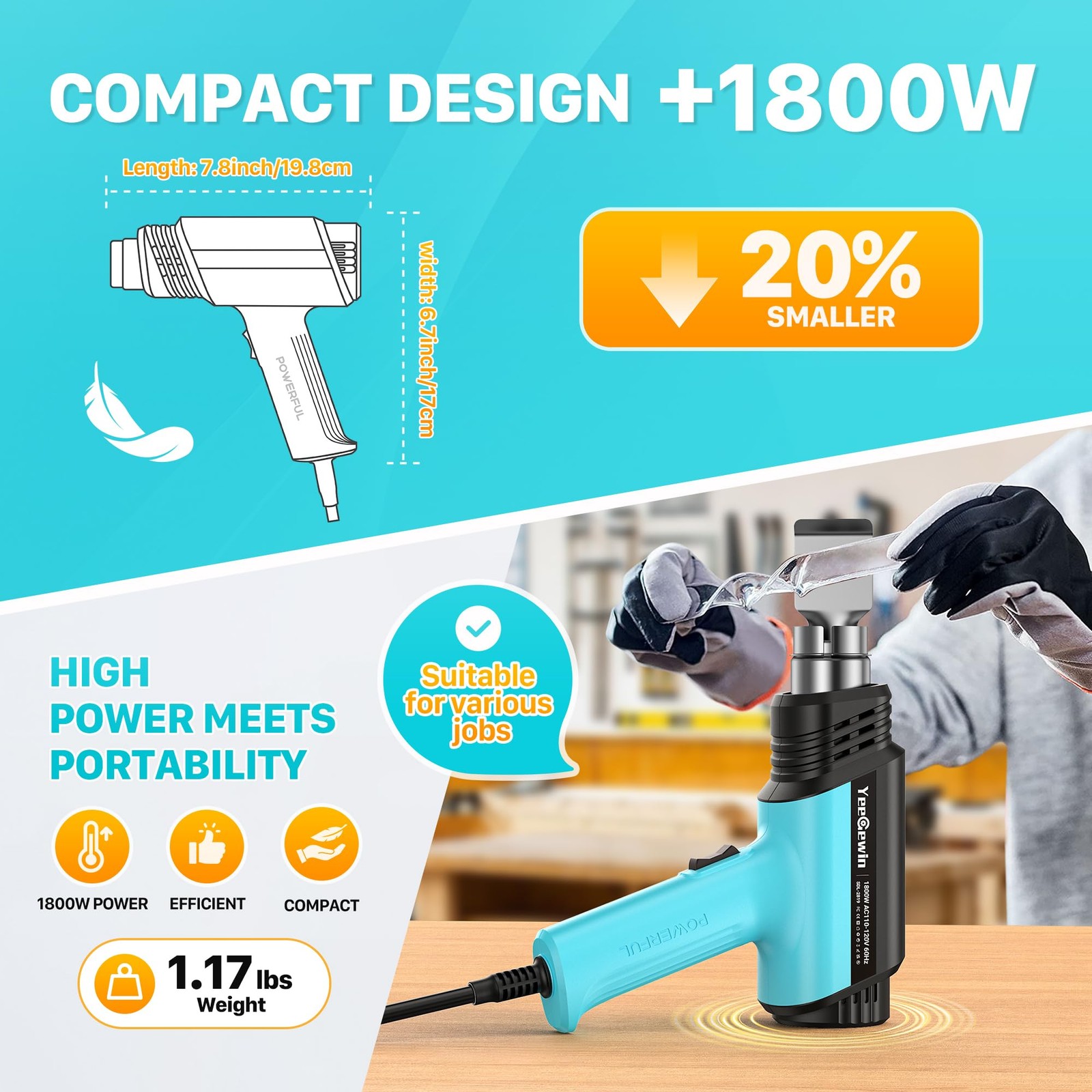 1800W Heat Compact Design Hot with LCD Display Variable Temperature Control 1...