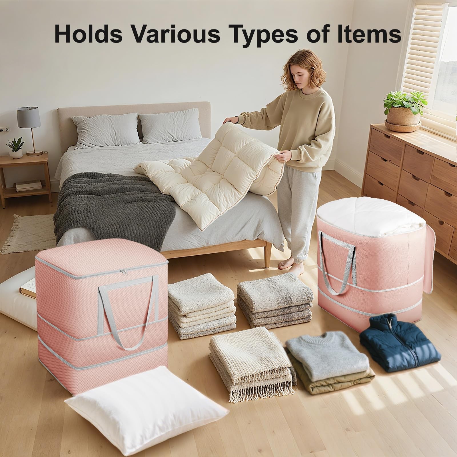 Easortm Comforter Storage Bag Pink 2 Pack -3-Layer