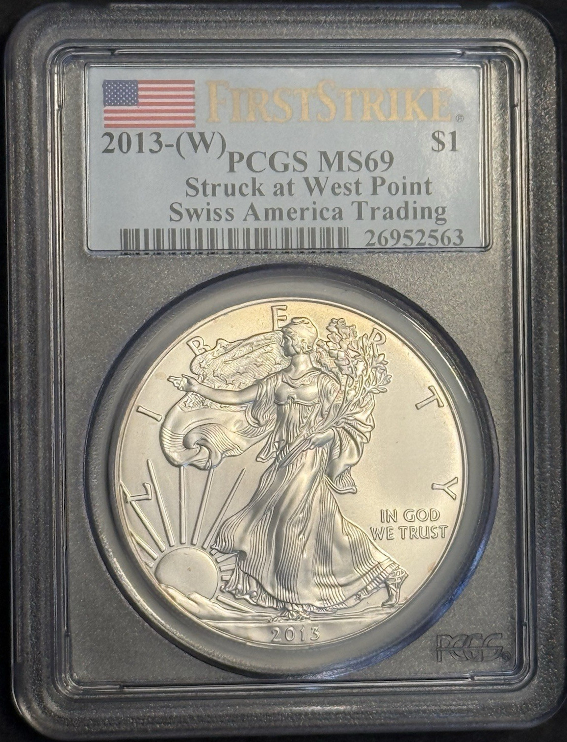 2013-(W) Silver Eagle PCGS MS69 First Strike Flag Label Struck at West Point