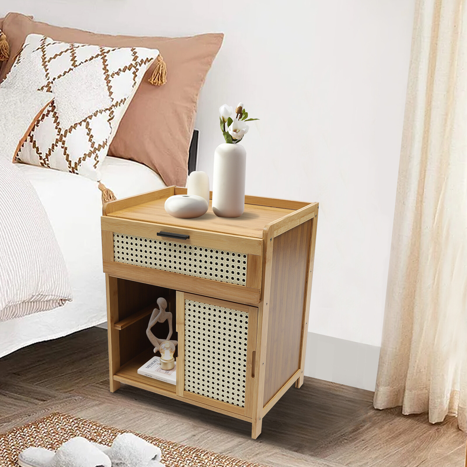 Nightstand Bamboo End Table Bedside Table w/Drawer & Shelf Bohemian Storage Rack