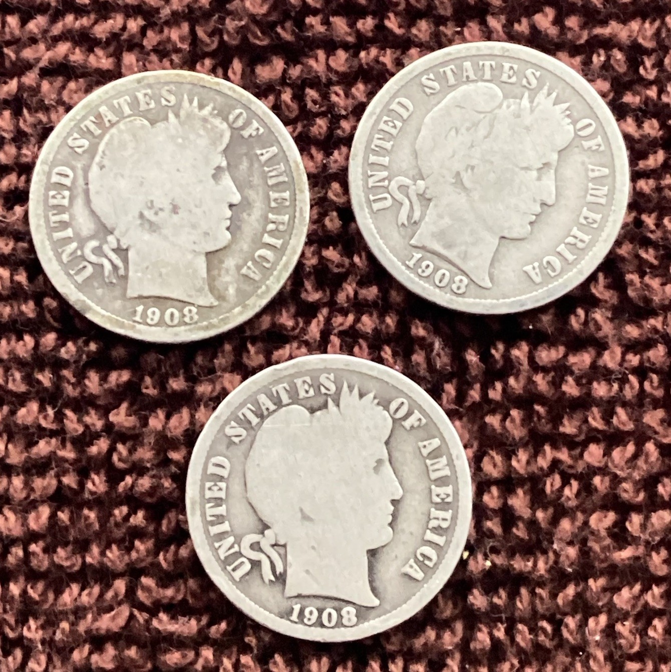 1908 P D S Barber Dimes. FREE SHIPPING. Lot of (3)