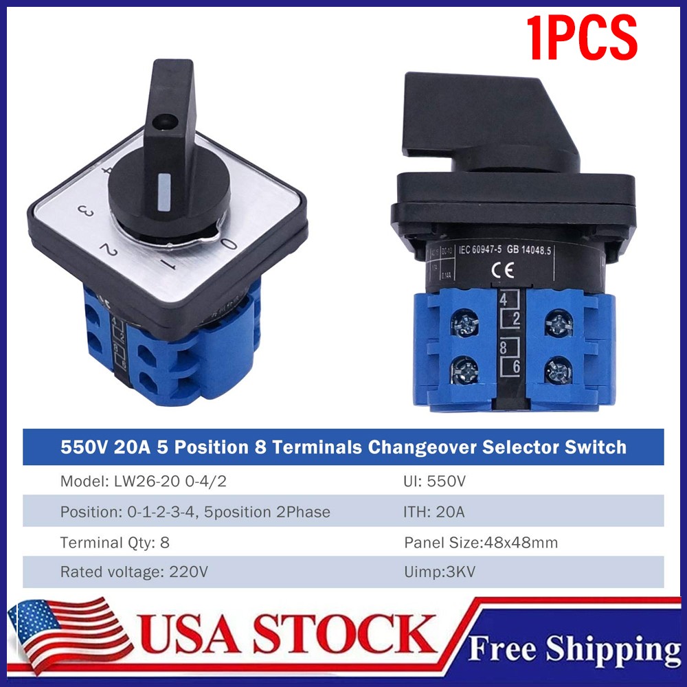 Universal Changeover Switch 20A 550V 4 Position 8 Terminals Latching Rotary Cam