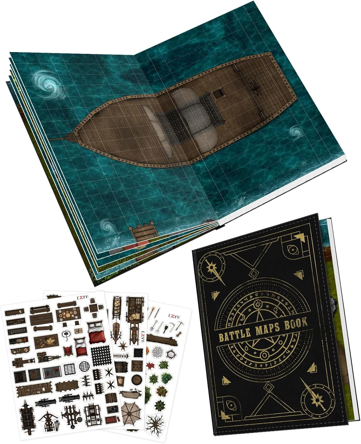DND Battle Map Book 32 Reusable Grid Mats with Scenery Decals for RPG Games