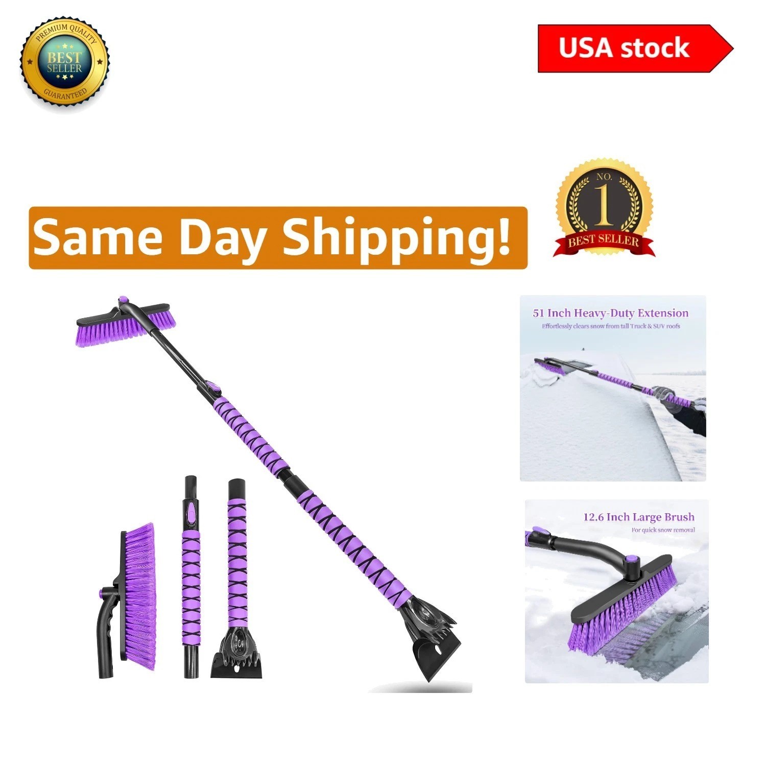 Purple 51 Inch Extendable Heavy Duty Snow Brush with Ice Scraper - Scratch Free