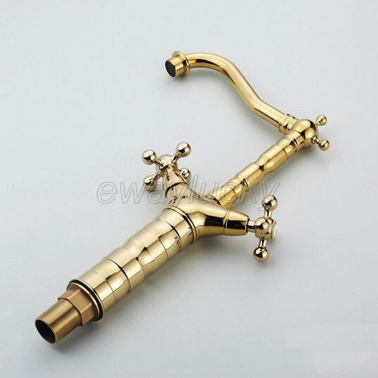 Gold Polished Brass Double Cross Handle Bathroom Sink Mixer Tap Faucet wsf094